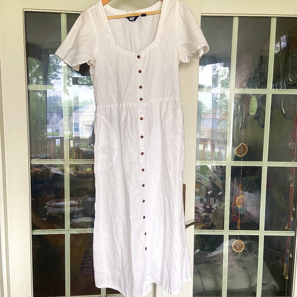 Lands' End White Linen Sweetheart Button Front Midi Dress Sz 6-8 Romantic Beachy